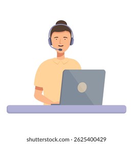 Ilustración vectorial de un agente de Servicio al cliente amigable con un auricular, trabajando en una computadora portátil