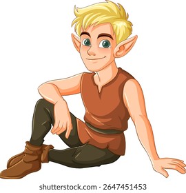 Vector illustration of a friendly elf with blond hair, pointed ears, and casual attire, sitting comfortably on the ground