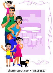 Vector Illustration. A friendly family is going to drink tea.