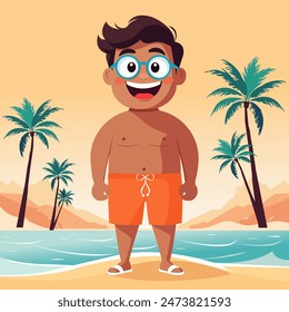 Vector illustration of a friendly fat man wearing glasses and summer clothes on the beach. 
