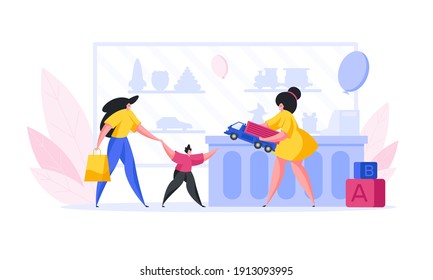 Vector illustration of friendly female seller offering truck to woman and boy while working in modern toy store in mall