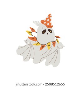 Vector illustration with a friendly ghost on an isolated background. Dressed in a fly agaric hat, the ghost dances with a garland of flags with the inscription Halloween . Flat style.