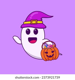 vector illustration of a friendly ghost wearing a witch hat and carrying a pumpkin basket full of candies. Perfect for Halloween theme designs