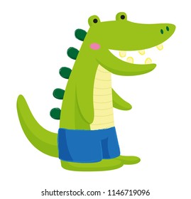 Vector illustration of friendly green crocodile wearing blue shorts