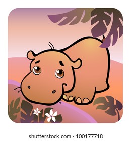 Vector illustration of a friendly hippo in savanna