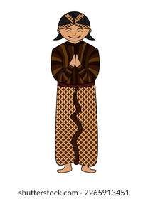 Vector illustration of friendly javanese man wearing traditional javanese clothes (lurik).