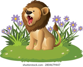 Vector illustration of a friendly lion roaring on grass surrounded by purple flowers.