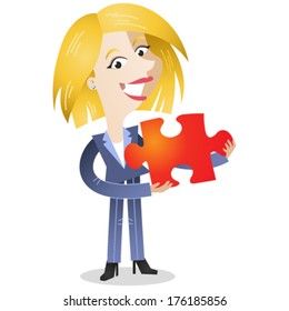 Vector illustration of a friendly looking cartoon business woman holding a red jigsaw piece (JPEG version also available in my gallery). 