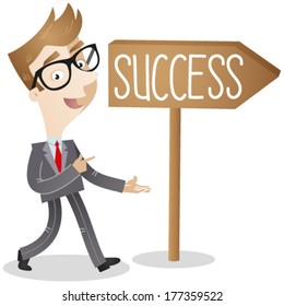 Vector illustration of a friendly looking cartoon businessman walking and pointing at a road sign that reads "success".