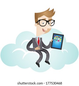 Vector illustration of a friendly looking cartoon businessman sitting on a cloud showing his tablet pc.