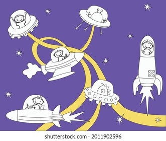 Vector illustration of friendly meeting in space cartoon astronauts and fantastic aliens 