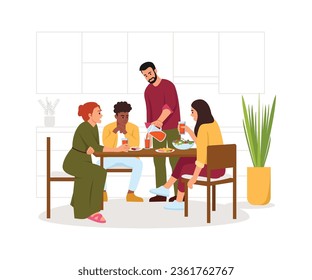 Vector illustration of a friendly meeting at the table. Cartoon scene with boys and girls sitting at a table with drinks, food and a kitchen silhouette isolated on a white background.