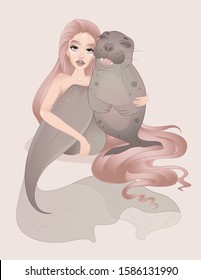 Vector illustration of a friendly mermaid with seal