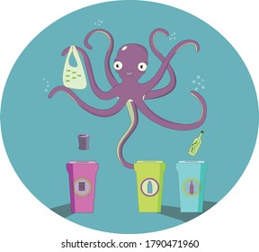 vector illustration of friendly octopus. waste sorting. aluminum cans. glass bottles with seaweed. plastic package with fish. waste sorting equipment. ecology concept.
