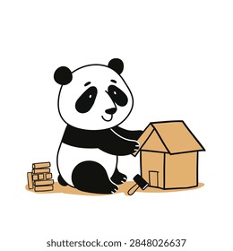 A vector illustration of a friendly panda bear sitting on the ground and constructing a small house model with wooden blocks and a hammer