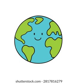 A vector illustration of a friendly planet Earth character featuring a cheerful smiling face on a blue and green world map background