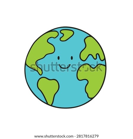 A vector illustration of a friendly planet Earth character featuring a cheerful smiling face on a blue and green world map background
