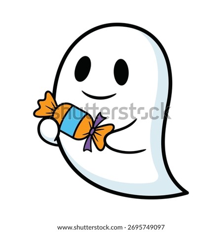 vector illustration of a friendly round ghost holding a single wrapped candy