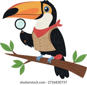 Ilustración vectorial de un tucán amigable vestido como explorador forestal o explorador. Incluye prismáticos, una bufanda roja y una mochila. Estilo de diseño plano con una textura granulada, ideal para libros infantiles, pegatinas o ropa infantil.