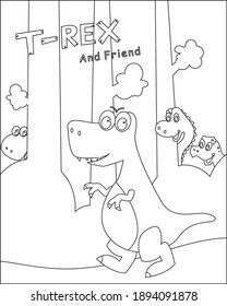 Vector illustration of a friendly Tyrannosaurus Rex and friend in a forest. Creative vector Childish design for kids activity colouring book or page.