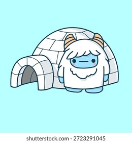Vektorgrafik eines freundlichen Yeti, der selbstbewusst vor einem traditionellen Eskimo-Iglu-Haus in einer verschneiten arktischen Umgebung steht.