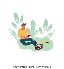 Vector illustration of friendly young guy in casual clothes reads a book.Сoncept of relaxation and free time.Flat young man  in a denim jeans and sneakers.
