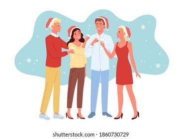 Vector illustration of friends celebrating New year together, young girls and guys having fun together, christmas party, drink champagne in Christmas hats