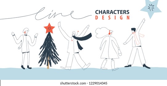 Vector illustration of friends. Concept winter illustration. People character flat design. Minimalist style. Line style.