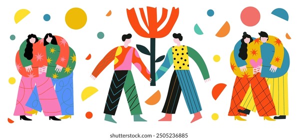 Ilustración vectorial con amigos o pareja hombre y mujer Asistencia entre sí, abrazo y sostén gran flor roja. Salud mental, comunicación, relaciones, arte conceptual.