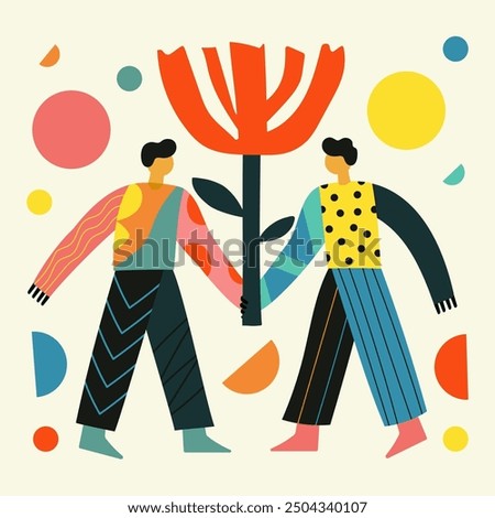 Vector illustration with friends or couple man support each other and hold big red flower. Mental health, communication, relationships concept art. Abstract illustration with people, team work print