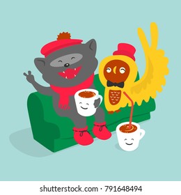 Vector Illustration of Friends Drink Coffee Cartoon