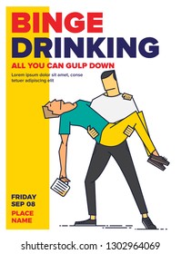 Vector illustration of friends drinking beer. Man carrying another drunk man. Beer Party Template design. Drinking concept.