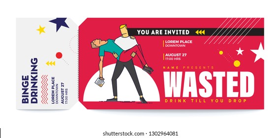Vector illustration of friends drinking beer. Man carrying another drunk man. Drinking concept. Beer Party Vector Tickets Template. You are Invited Ticket for entrance to the event.