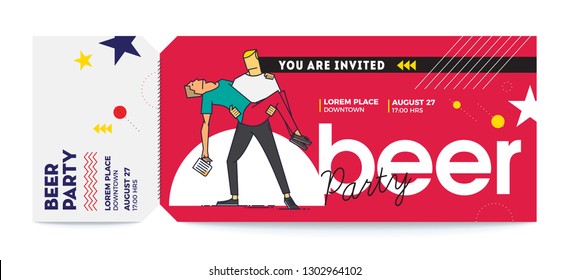 Vector illustration of friends drinking beer. Man carrying another drunk man. Drinking concept. Beer Party Vector Tickets Template. You are Invited Ticket for entrance to the event.