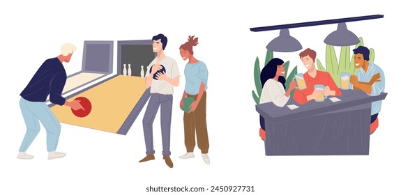 Vector illustration of friends enjoying a casual bowling night, modern style.