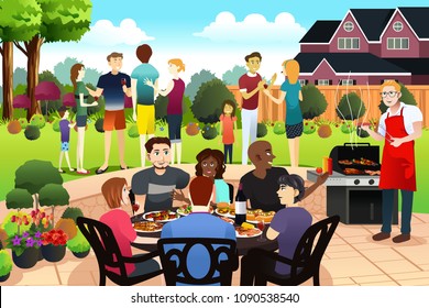 A Vector Illustration Of Friends And Family Gather Together Having BBQ Party In The Summer