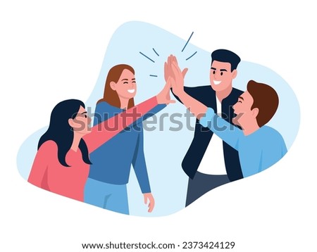 Vector illustration of friends giving a high five. Cartoon scene with a smiling team of boys and girls giving high fives isolated on white background. A team of friends.