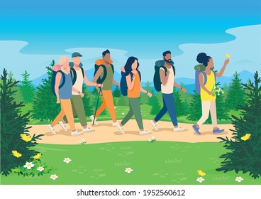 Vector illustration friends go hiking along a path through a forest flowering meadow against the backdrop of a beautiful landscape. Boys and girls travel and relax together. Active lifestyle.