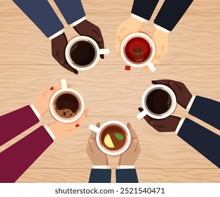 Ilustración vectorial de amigos en grupo bebiendo café caliente y té, vista superior en la mesa de la cafetería. Amistad de colegas en el desayuno. Asistencia amistosa en tiempos difíciles. Una taza de calor. 10 eps