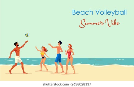 Vector illustration of friends playing beach volleyball on a sunny summer day by the sea. Happy young men and women enjoy an active vacation on the sandy coast. Perfect for concepts related to summer,