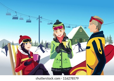 A vector illustration of friends skiing in a ski resort