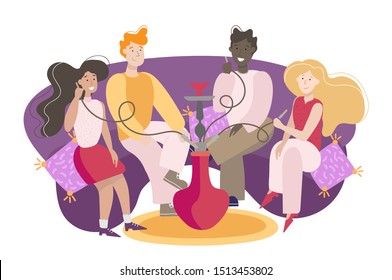 Vector illustration friends smoke hookah on a sofa