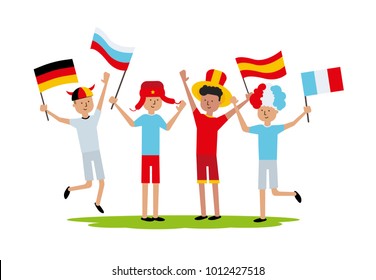 vector illustration friends soccer. backgrounds sick at  football cup for their team. happy people championship 2018. bright colorful national costumes