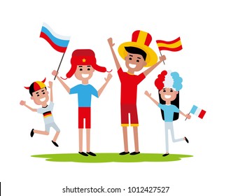 vector illustration friends soccer. backgrounds sick at  football cup for their team. happy people championship 2018. bright colorful national costumes