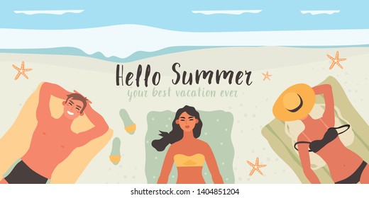 Vector illustration of friends sunbathing on a beach near the sea or ocean. Exotic vacation on a tropic island. Summer theme  banner, flyer or landing page for a tour operator or travel agency. 
