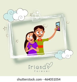 Imagen vectorial de los amigos tomando selfie con ocasión del Día de la Amistad Feliz, Hermoso diseño de tarjetas de felicitación.