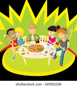 Vector illustration with friends teenagers have fun in pizzeria
