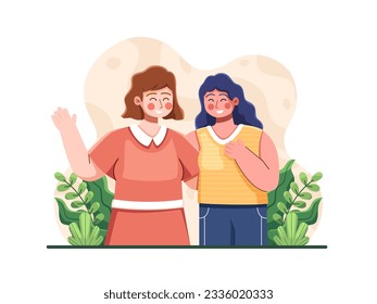 Vector illustration of Friendship Day with two joyful young girls embracing the spirit of friendship. Showcasing the unity and love they share as close friends. Perfect for social events, social media