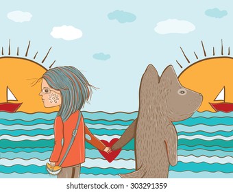 Vector Illustration of friendship. Girl and dog watching the sea and boat. Friendship between man and animal. Template for greeting card design. eps 10