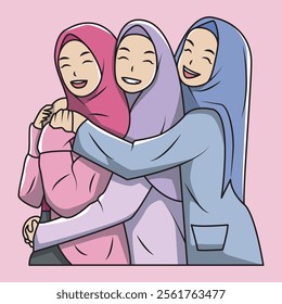 vector illustration of the friendship of three happy Muslim hijab women